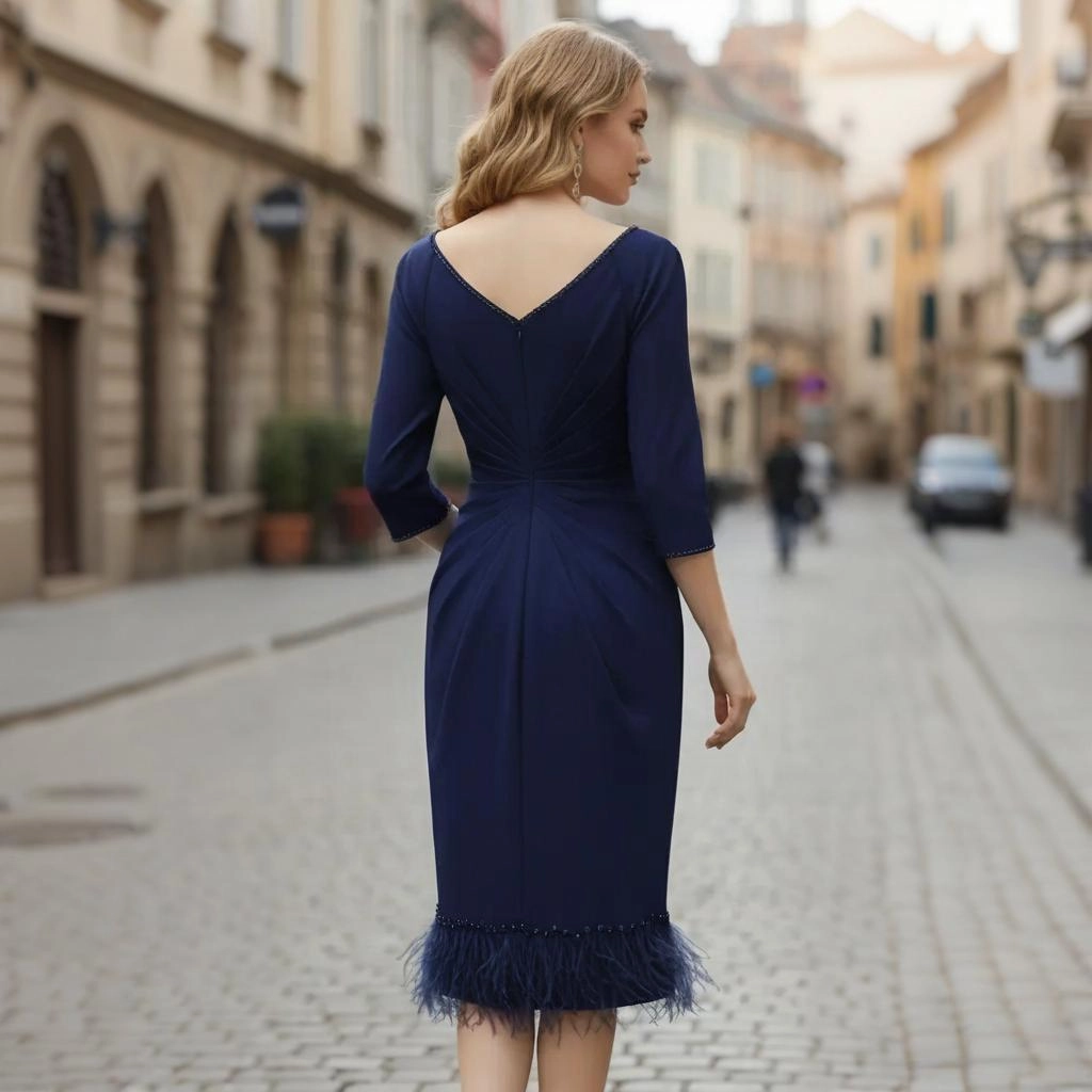 Second image of Navy V-neck beaded feather-trim fitted midi skirt