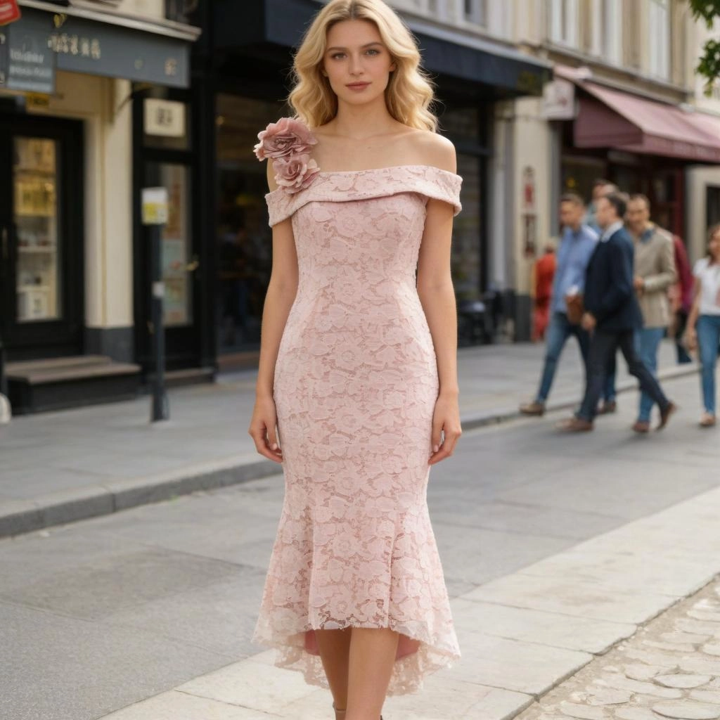 Nude Pink Lace Off-the-Shoulder Floral Fishtail Evening Gown