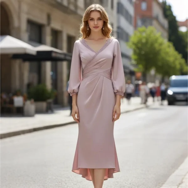 Nude Pink Satin V-Neck Beaded Puff Sleeve Mermaid-Style Evening Gown