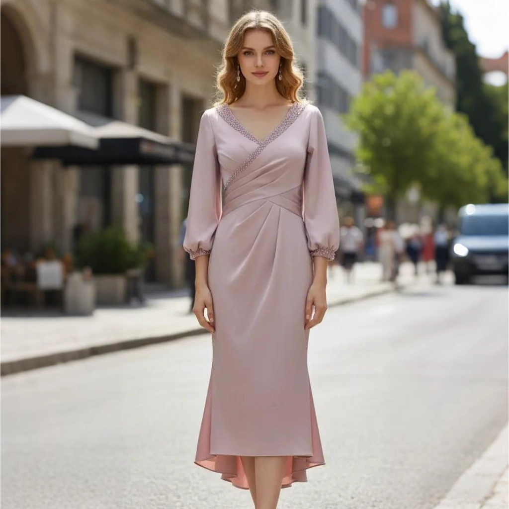 Nude Pink Satin V-Neck Beaded Puff Sleeve Mermaid-Style Evening Gown