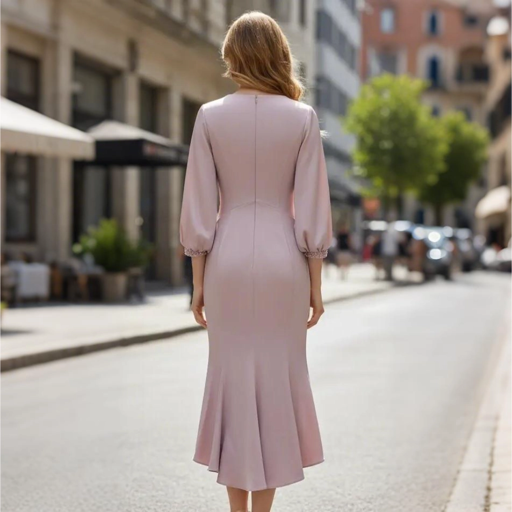 Second image of Nude Pink Satin V-Neck Beaded Puff Sleeve Mermaid-Style Evening Gown