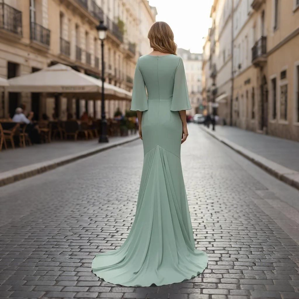 Second image of Light Green V-Neck Embroidered Bell-Sleeve Fishtail Train Evening Gown