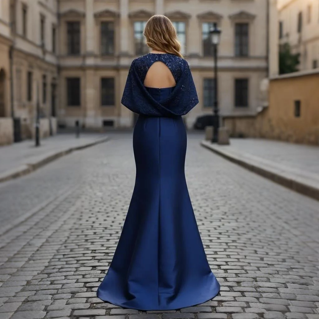 Second image of Navy satin V-neck lace backless fishtail gown with train