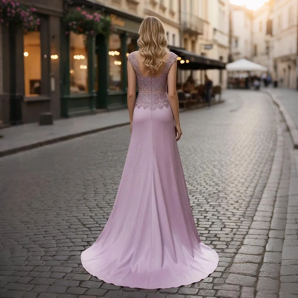 Second image of Purple Lace Strapless Satin Mermaid Train Evening Gown