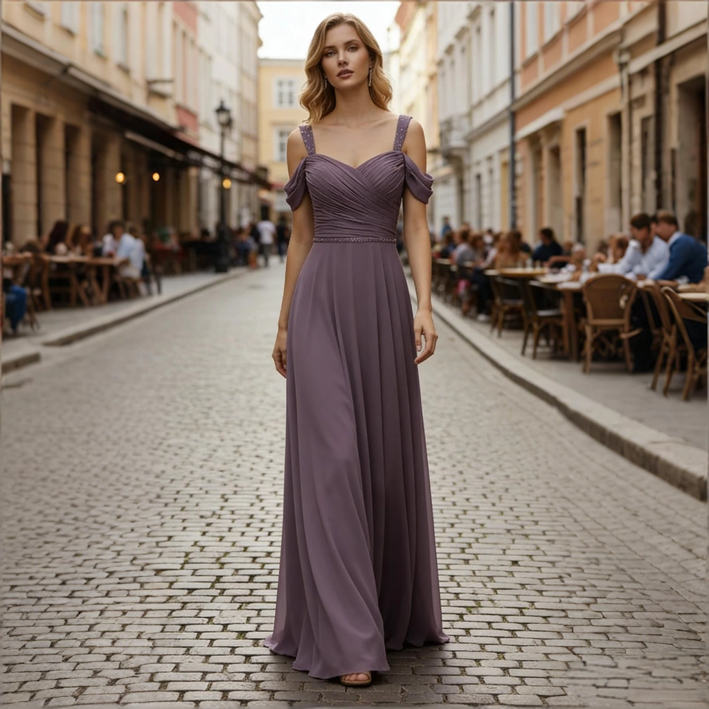 Deep Purple Chiffon Strapless Beaded Ball Gown