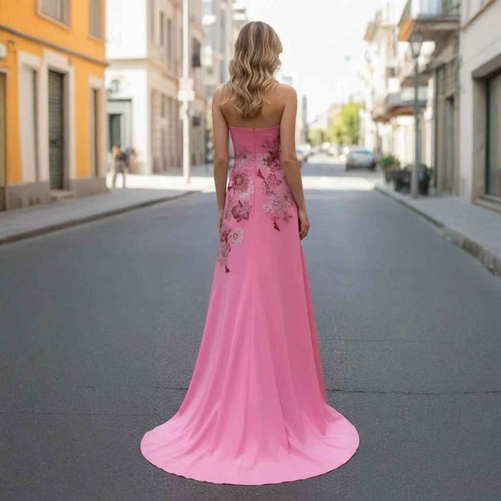 Second image of Rose Pink Strapless Ball Gown with 3D Floral Details and Full Skirt