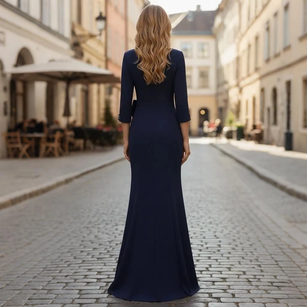 Second image of Navy V-neck knot-detail three-quarter sleeve fishtail train gown