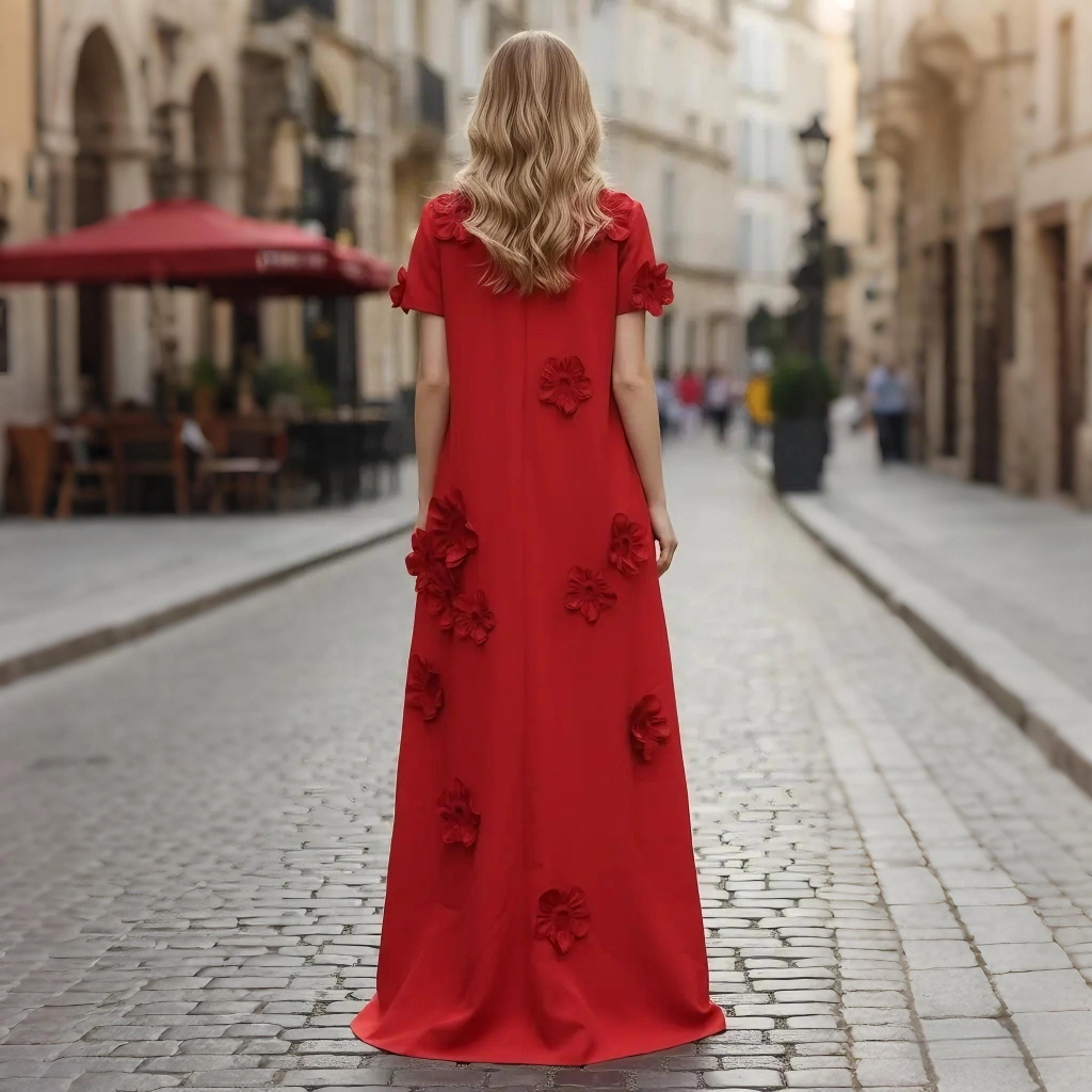 Second image of Red 3D Floral Short-Sleeve Loose-Fit Long-Length Evening Gown