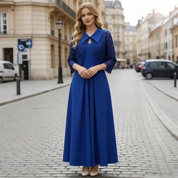 Royal blue strapless ball gown with lace jacket