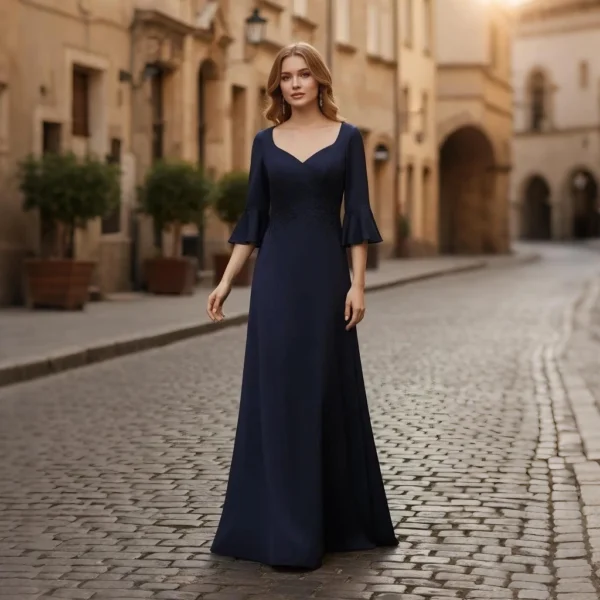 Navy V-neck bell-sleeve lace embroidered evening gown