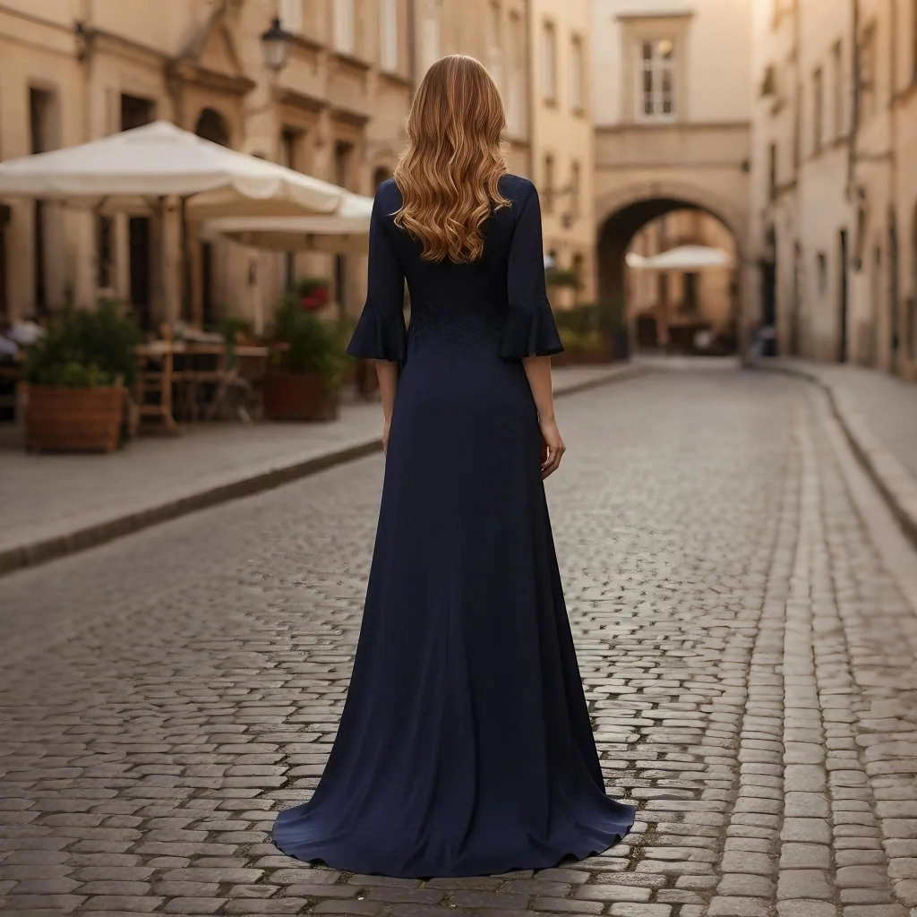 Second image of Navy V-neck bell-sleeve lace embroidered evening gown