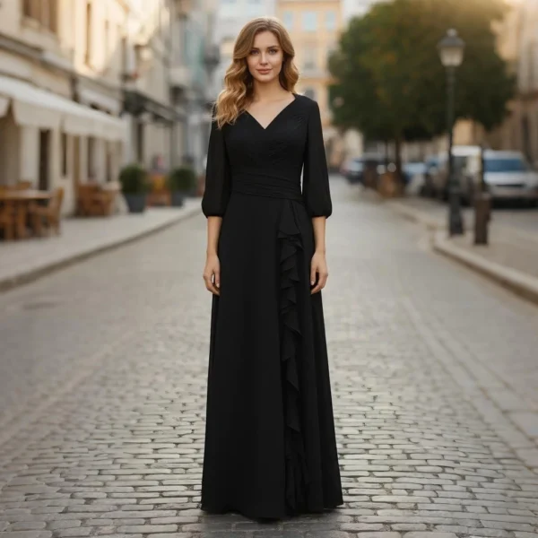 Black V-neck ruffled full-skirted long evening gown
