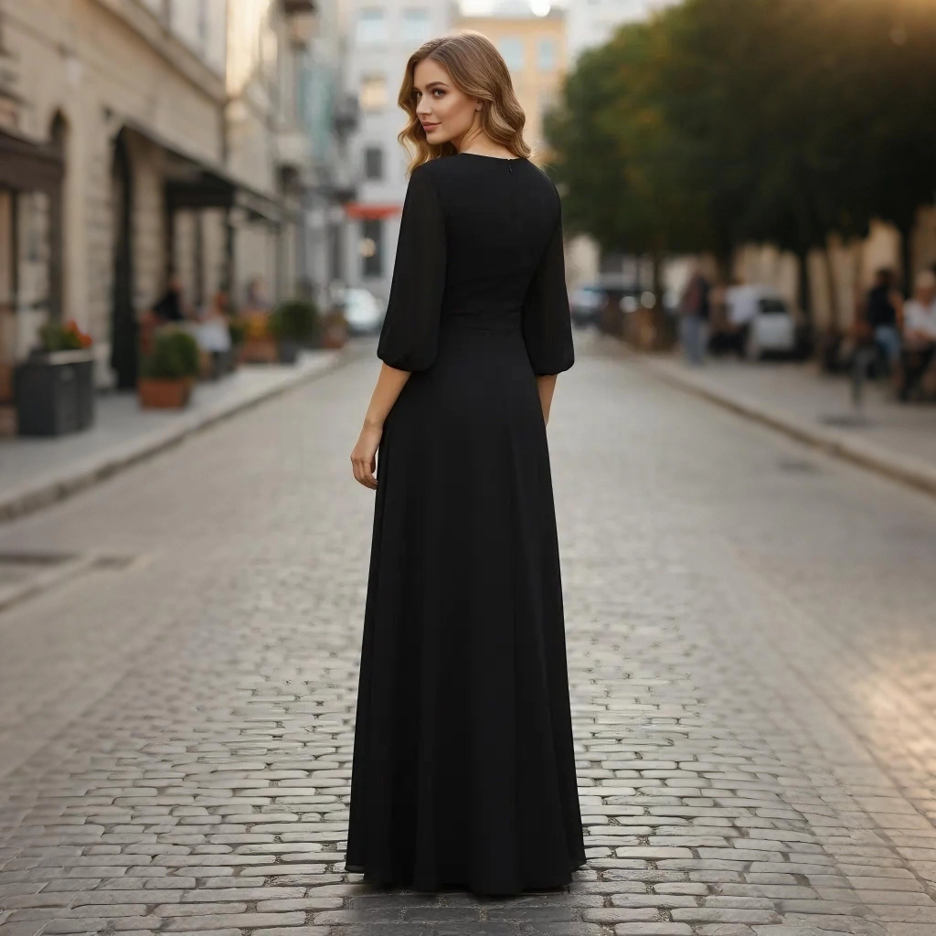 Second image of Black V-neck ruffled full-skirted long evening gown