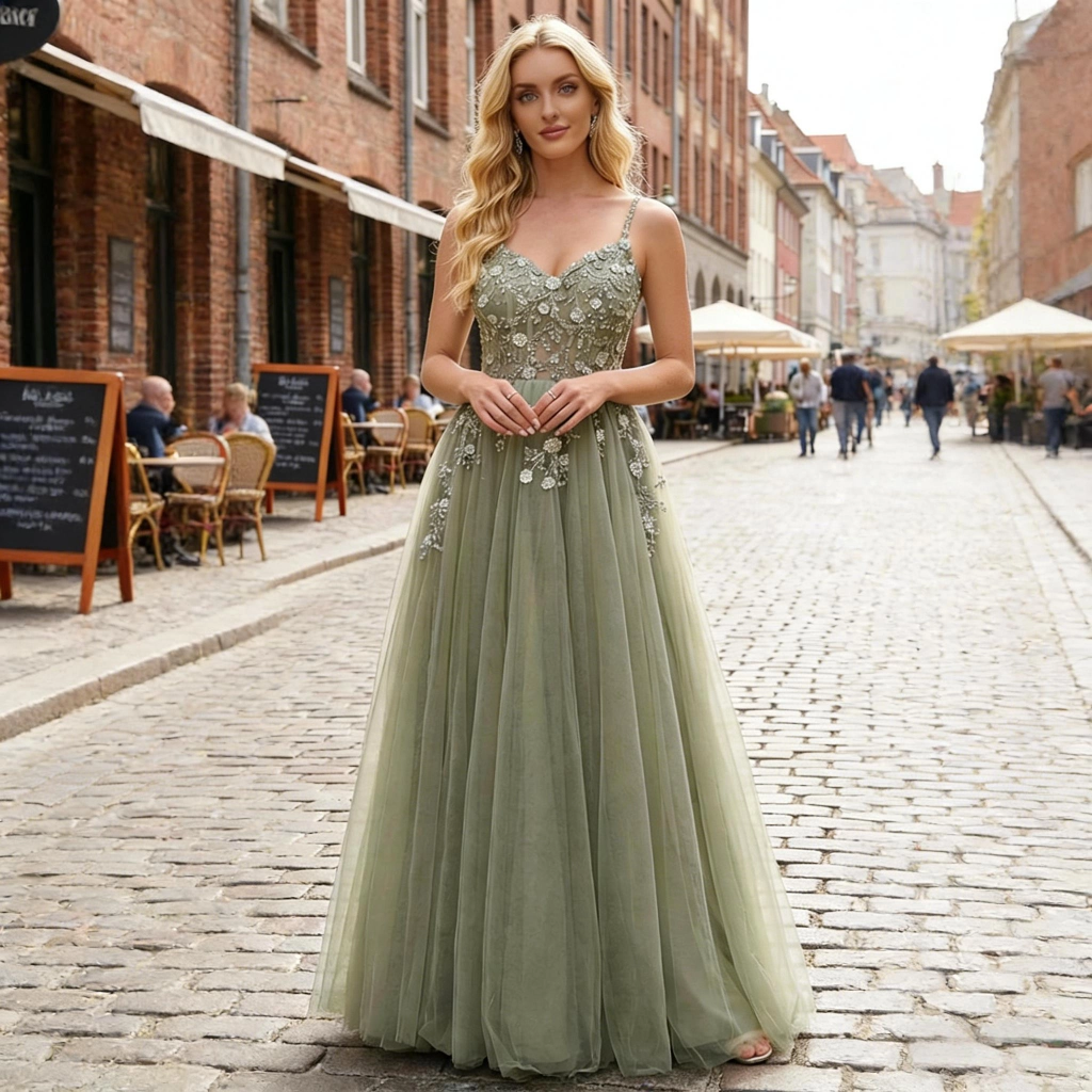 Charcoal-Green Mesh Embroidered Beaded A-Line Evening Gown