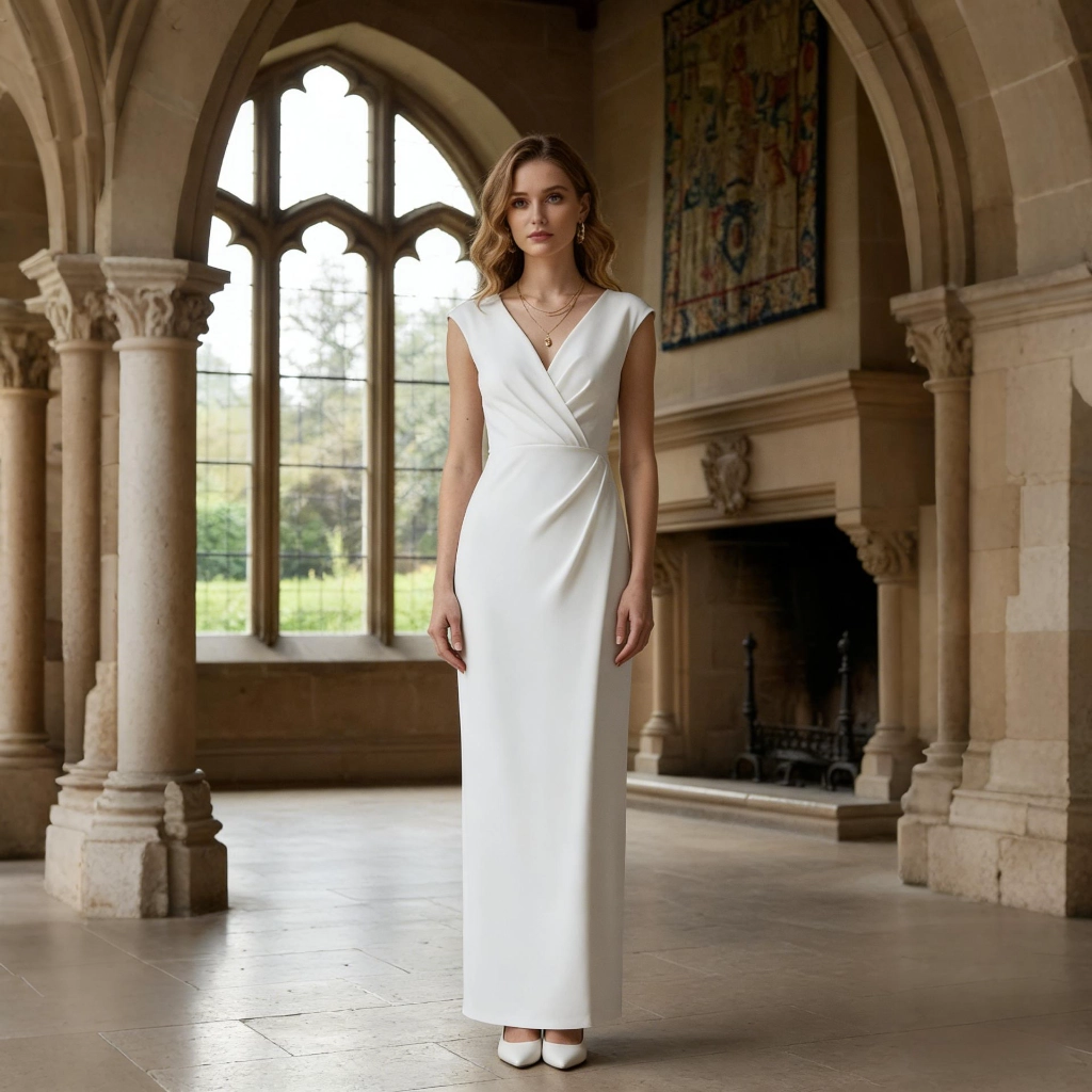 White satin sleeveless V-neck backless long evening gown
