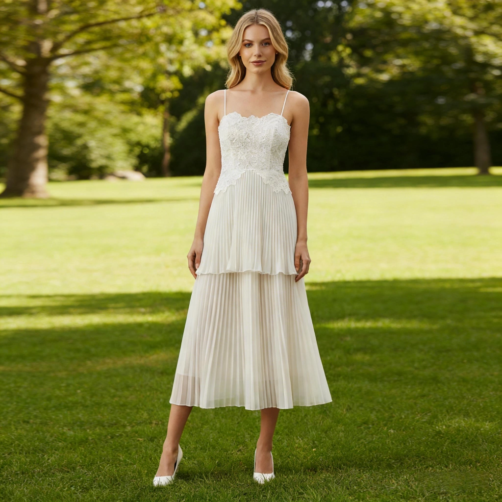 White Lace Strapless Tiered Pleated Midi-Length Evening Gown