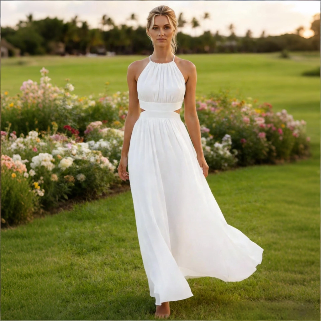 White Chiffon Halter-Neck Backless Ruffled Long Evening Gown