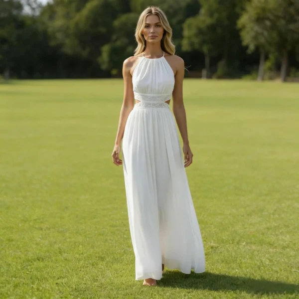 White Chiffon Halter Neck Lace Backless Long Evening Gown