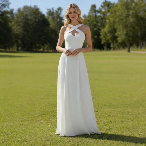 White satin crisscross halter-neck backless long evening gown