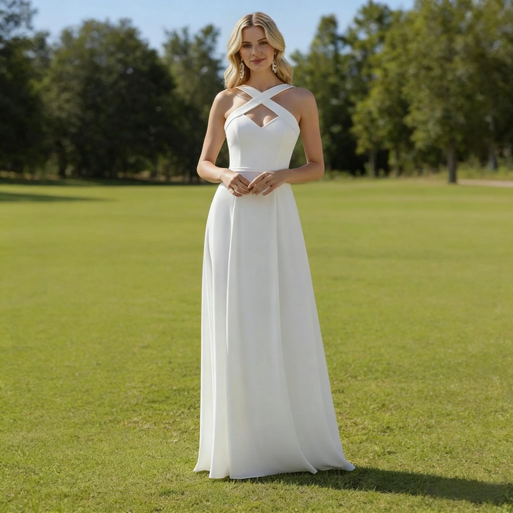 White satin crisscross halter-neck backless long evening gown