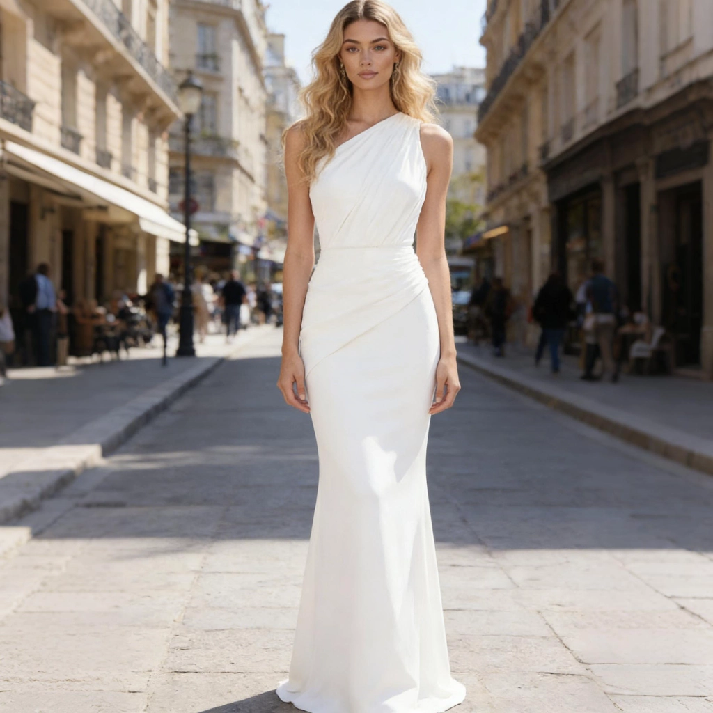 White satin one-shoulder fitted mermaid-style evening gown