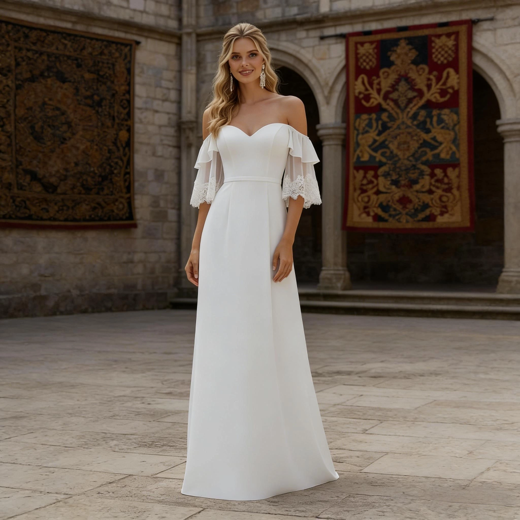 White satin strapless lace-sleeve wedding dress with train