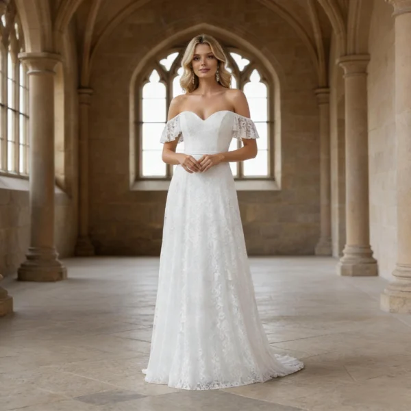 White lace strapless short-sleeved wedding dress with train