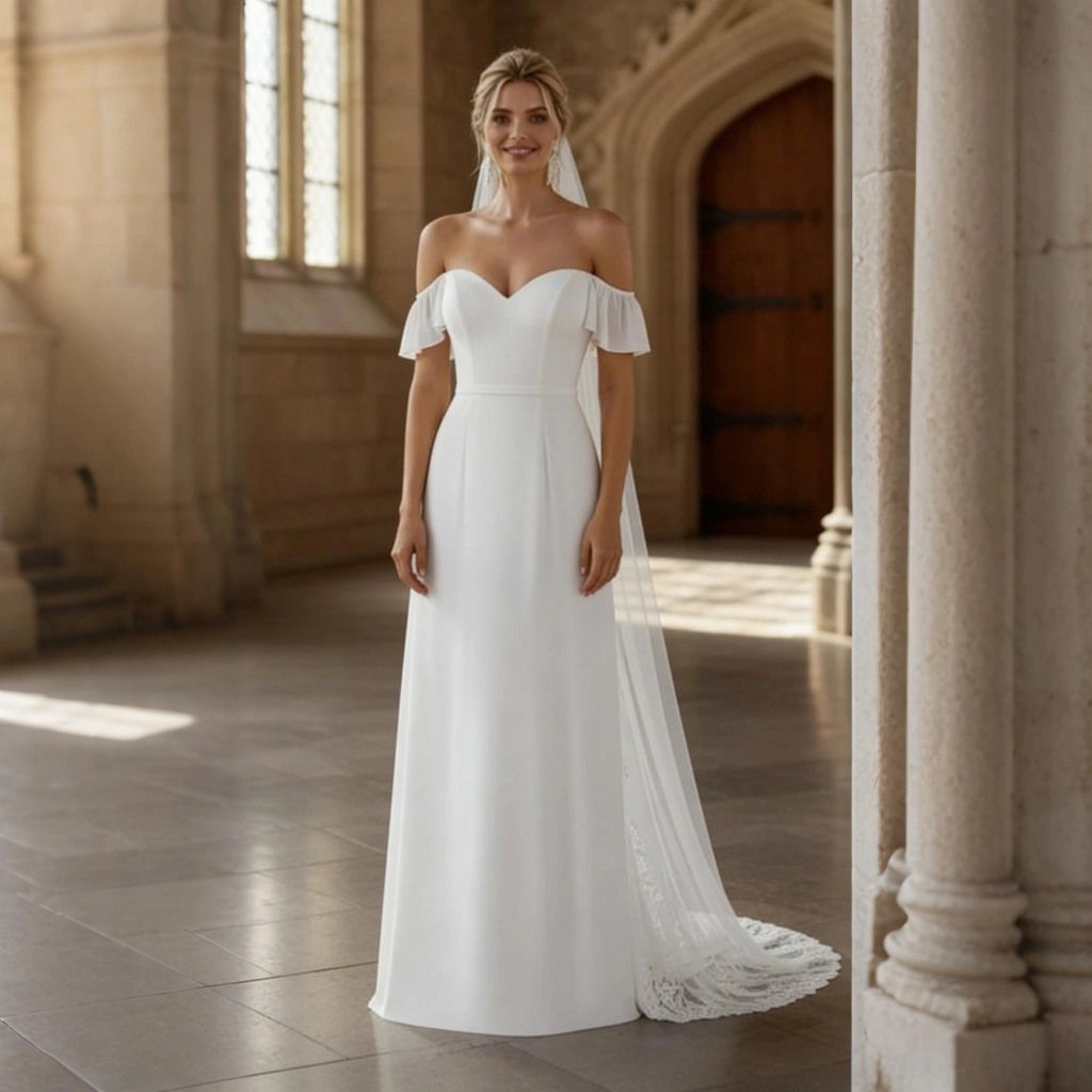 White satin strapless lace wedding dress with train