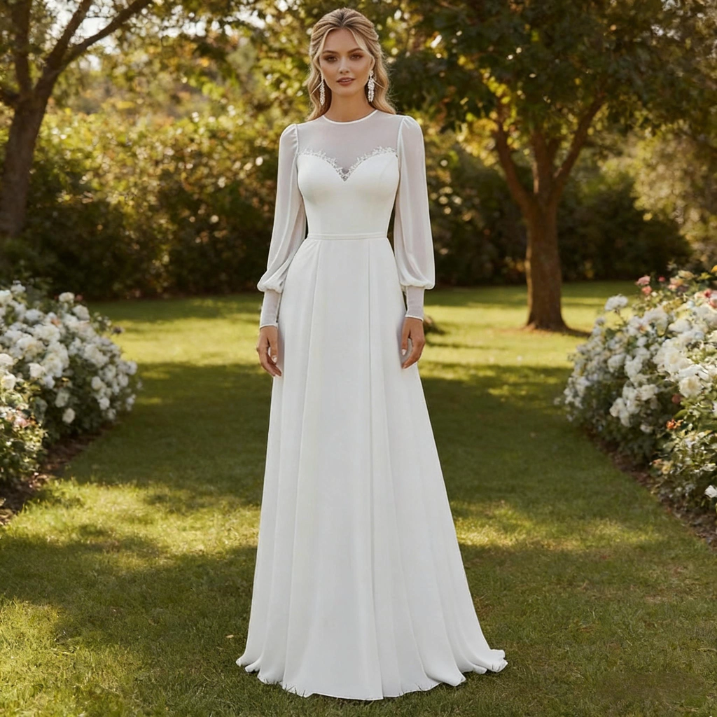 White Chiffon Sheer Neckline Long-Sleeved Ball Gown Wedding Dress