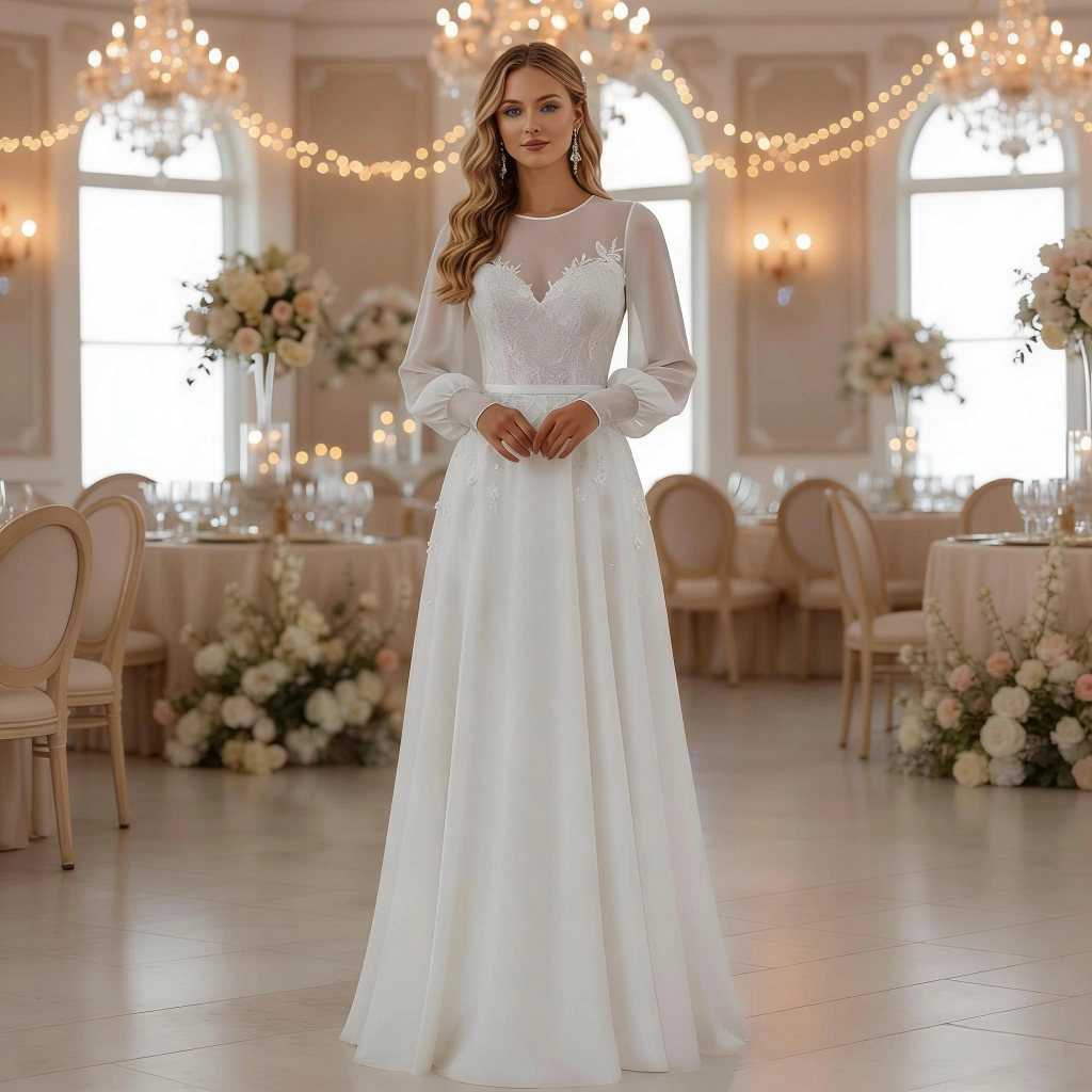 White Chiffon Lace-Trimmed Long-Sleeve Wedding Dress with Sheer Neckline and Train