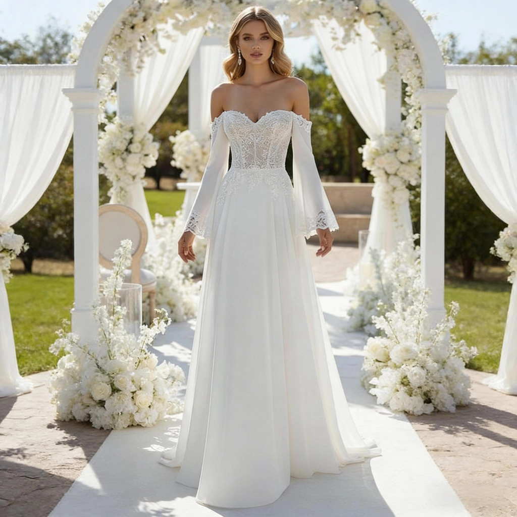 White lace strapless bell-sleeve wedding dress with train