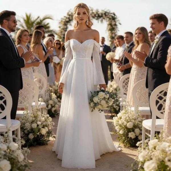 White lace strapless bell-sleeve wedding dress with train