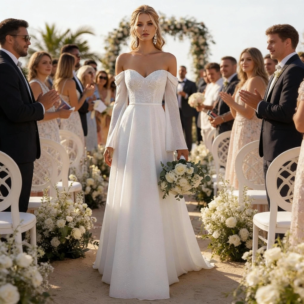White lace strapless bell-sleeve wedding dress with train
