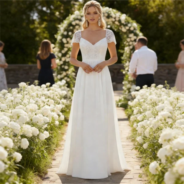 White Lace Cap-Sleeve V-Neck Train Wedding Dress
