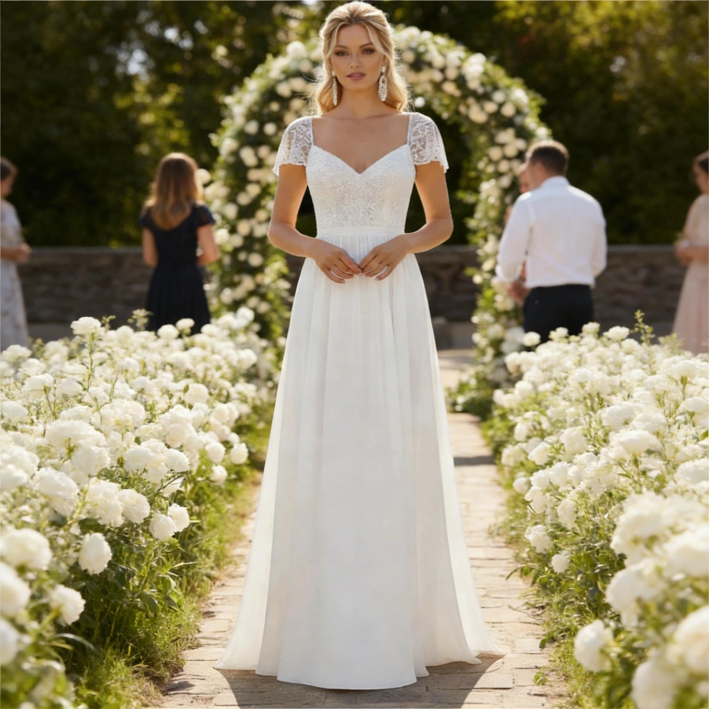 White Lace Cap-Sleeve V-Neck Train Wedding Dress