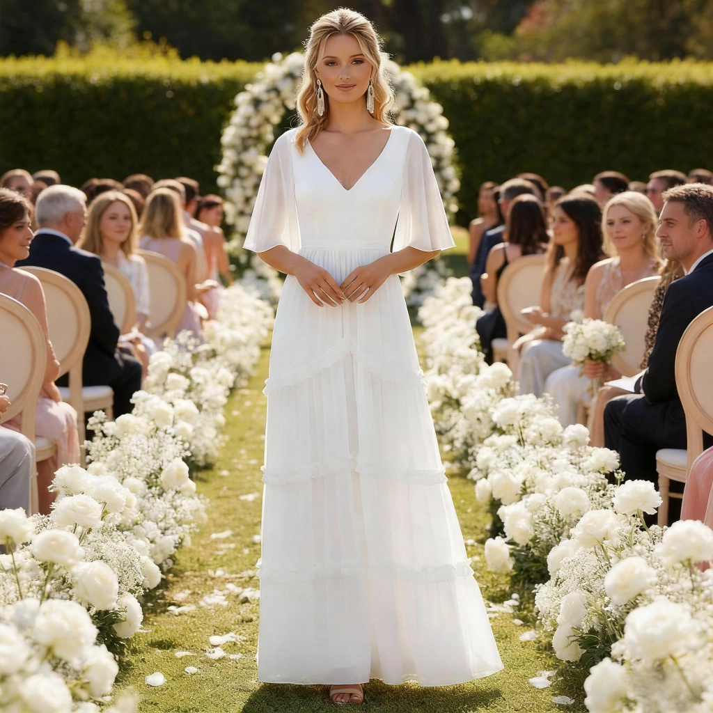 White Chiffon V-Neck Ruffled Tiered Ball Gown