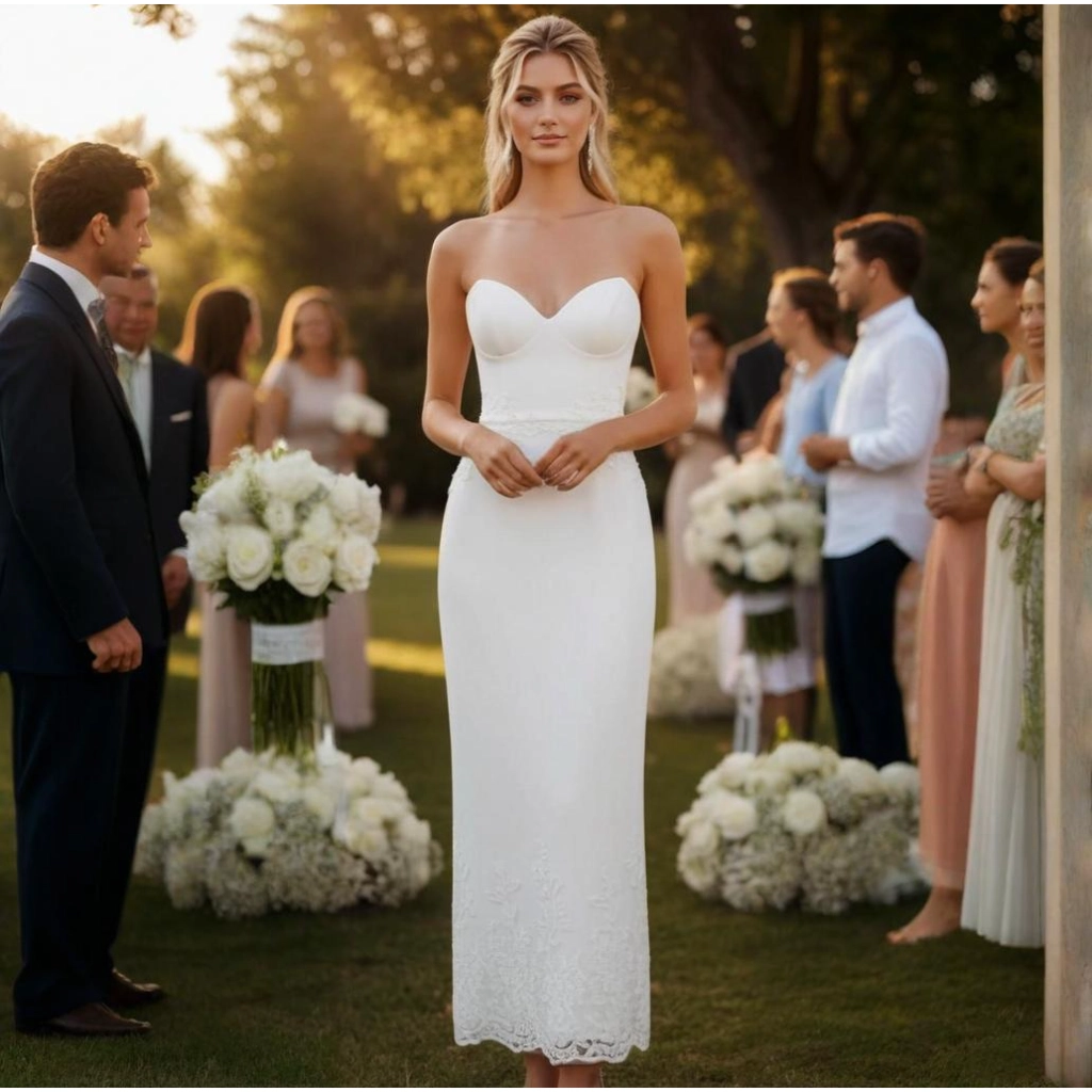 White satin strapless lace fitted mid-length wedding dress