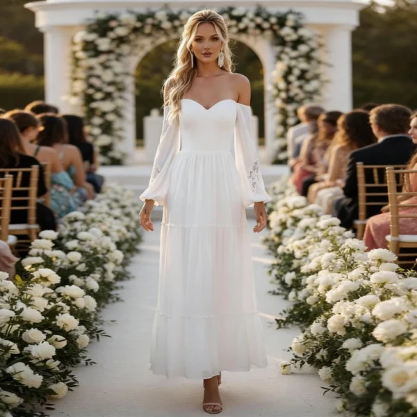 White chiffon layered skirt off-the-shoulder evening gown