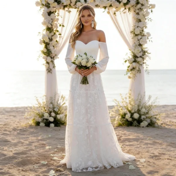 Lace-embroidered strapless beach wedding dress with train