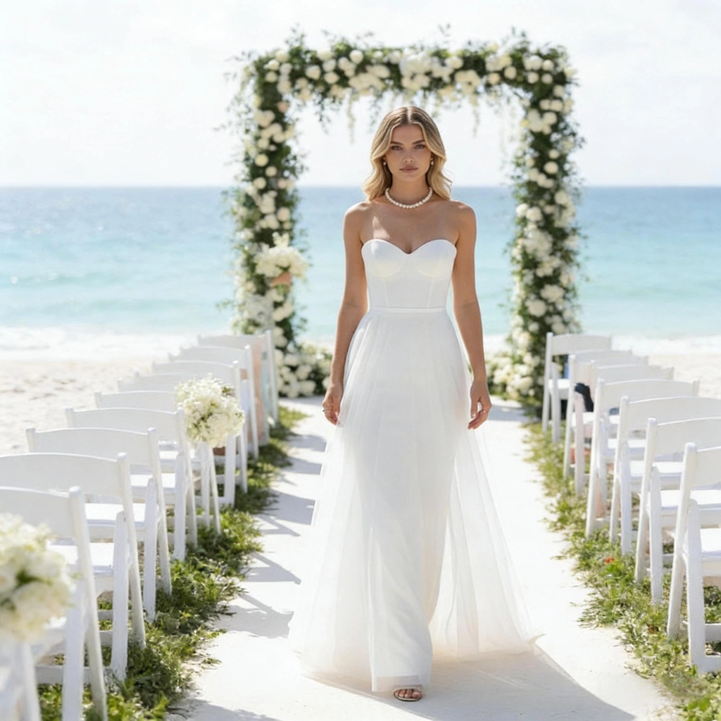 Strapless satin outdoor wedding dress with train