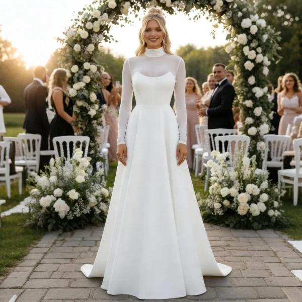 High-Neck Mesh Backless Satin Gown with Train