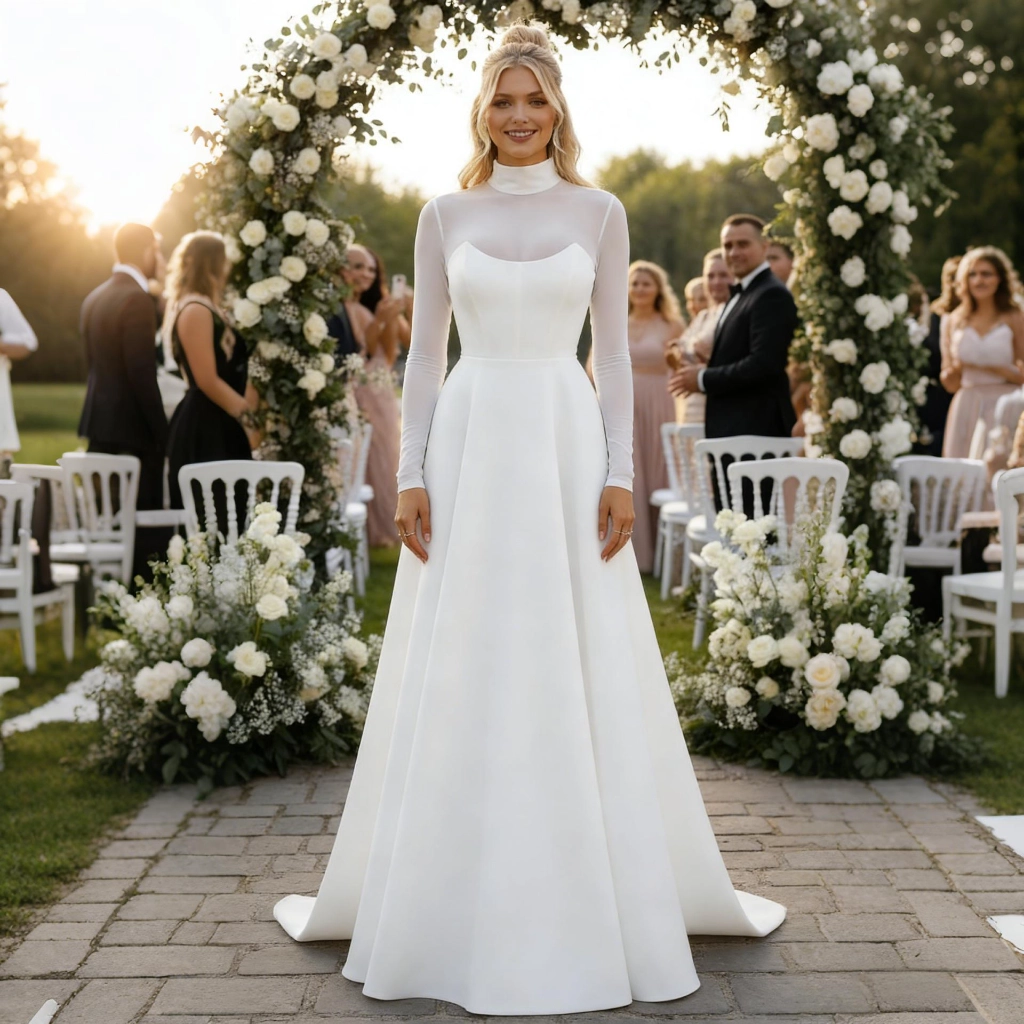 High-Neck Mesh Backless Satin Gown with Train