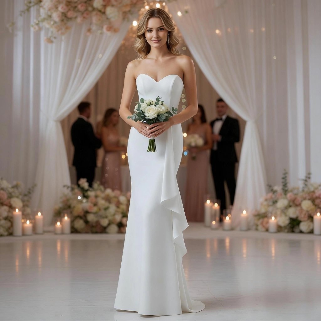 Strapless mermaid-style pearl-buttoned train wedding dress