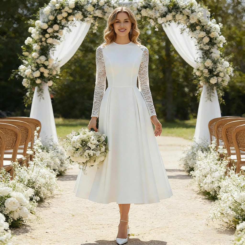 Lace Long-Sleeve Round-Neck Mid-Length Satin Wedding Dress