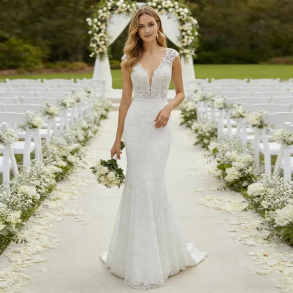 Full Lace Deep V-Neck Backless Mermaid Train Wedding Dress