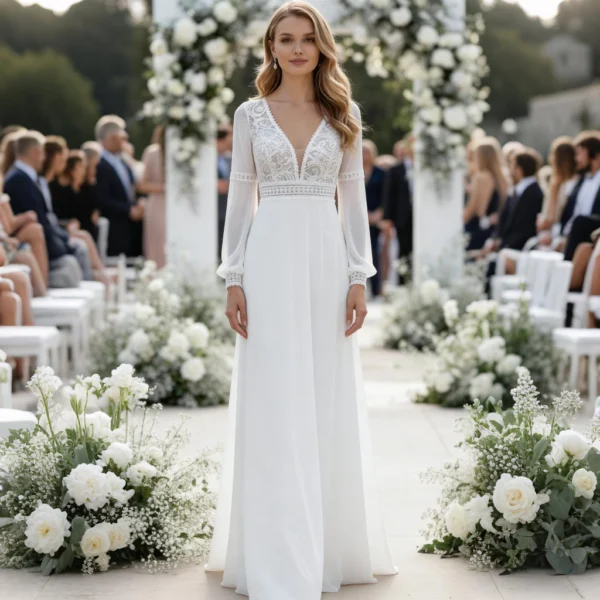 Lace V-neck long-sleeve flowing train lightweight wedding dress