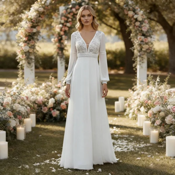 Lace V-neck Long-Sleeve Backless Outdoor Light Wedding Dress