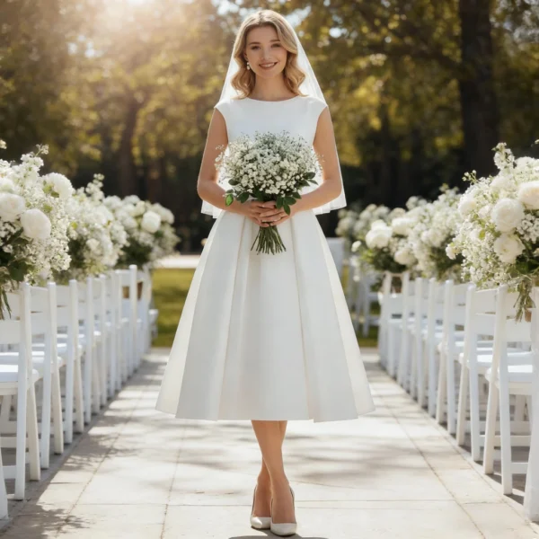 White short-length crew-neck backless wedding dress with veil