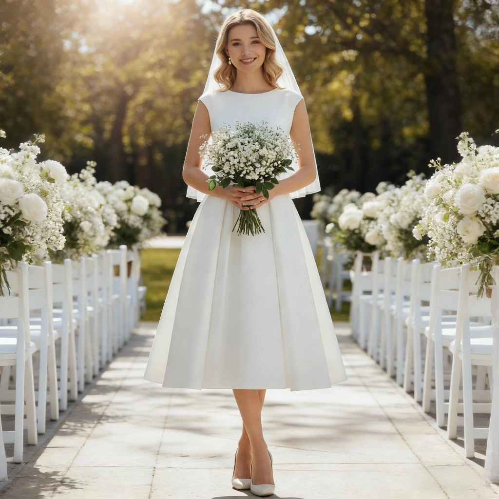 White short-length crew-neck backless wedding dress with veil