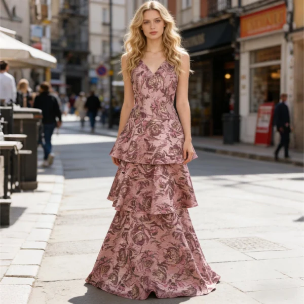 Pink Floral Print V-Neck Layered Fishtail Evening Gown